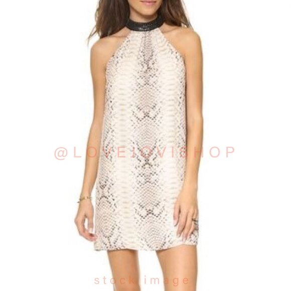 NYE Glam | Silk Chiffon Snakeskin Print Swing Mini w Suede Studded Collar Lined - Picture 5 of 14